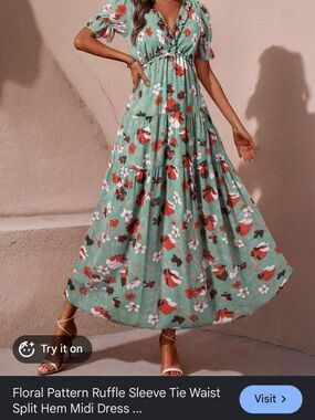 Floral Ruffle Sleeve Tie-Waist Midi Dress in Mint Green NWOT